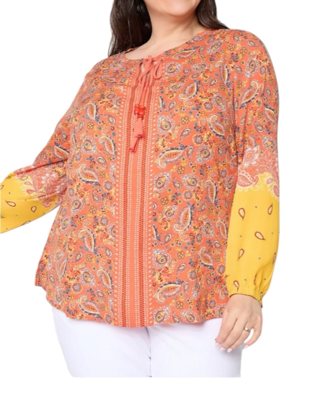 Belle by Kim Gravel Orange Paisley Tie-Front Blouse with Yellow Sleeves L414
